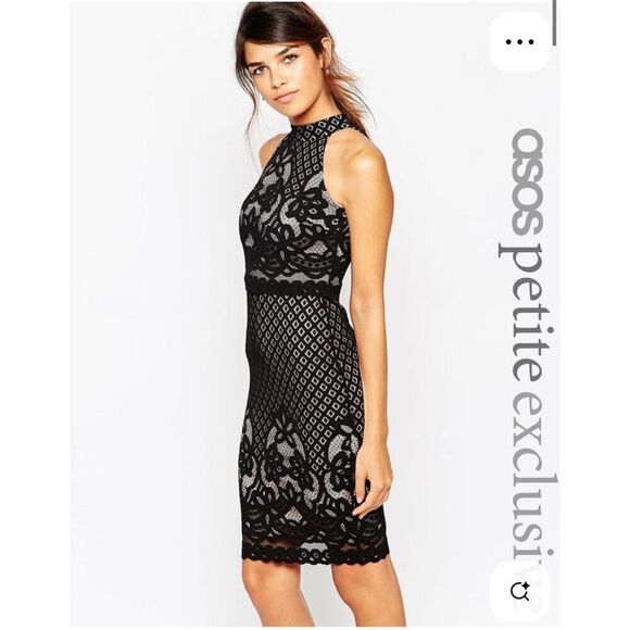 ASOS floral lace halter bodycon midi pencil black dress w/ high neckline size 6 - Picture 3 of 16